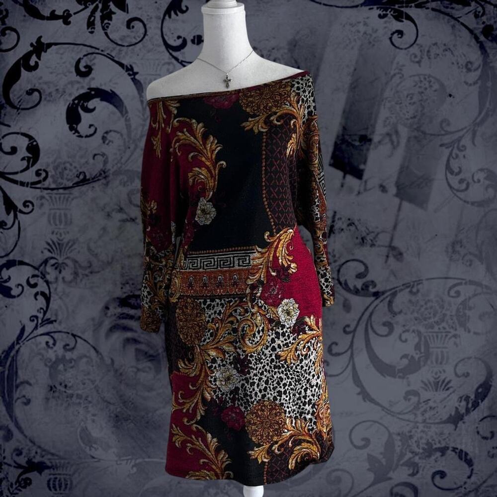 baroque scrolls, floral accents, mosaic scarf panels boho glam whimsical top
